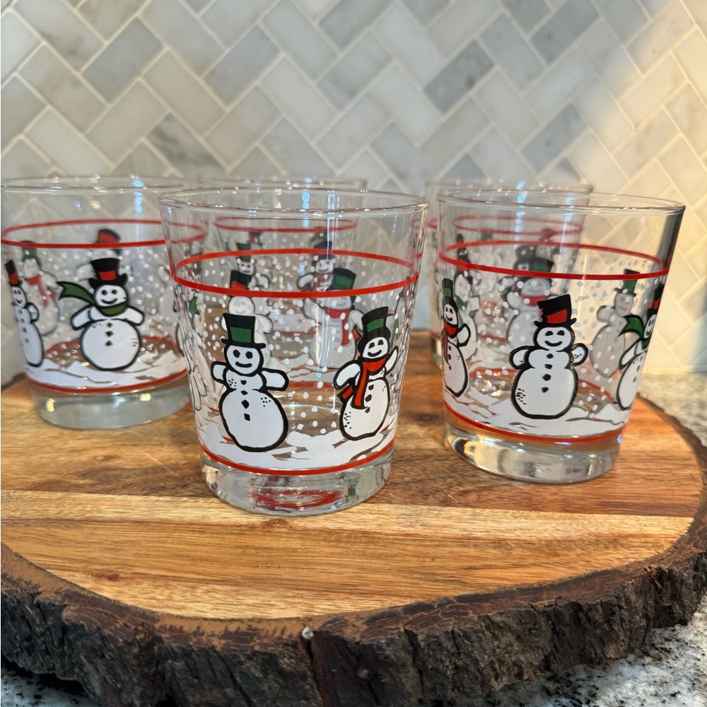 Set of 5 Libbey dancing snowman lowball glasses